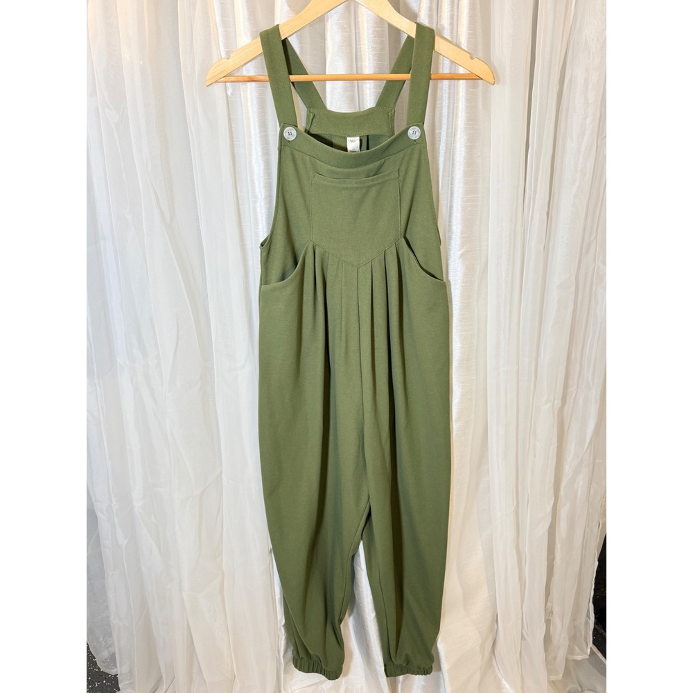 Halara Overalls Women XS Olive Green Waffle Knit Harem Jumpsuit Pleated Strappy